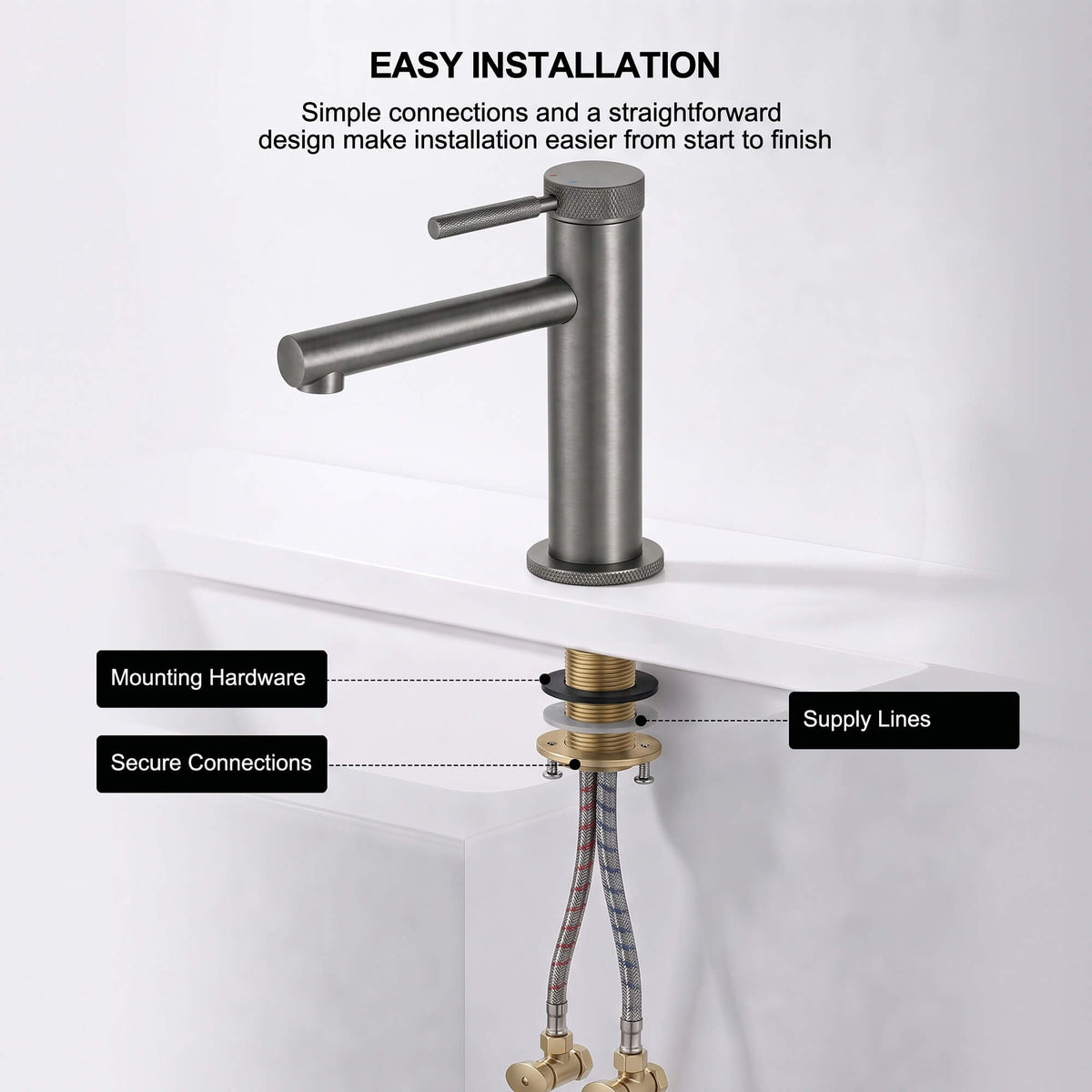 Modern Brass Bathroom Faucet Single-Hole Basin Mixer Tap with Knurled Handle