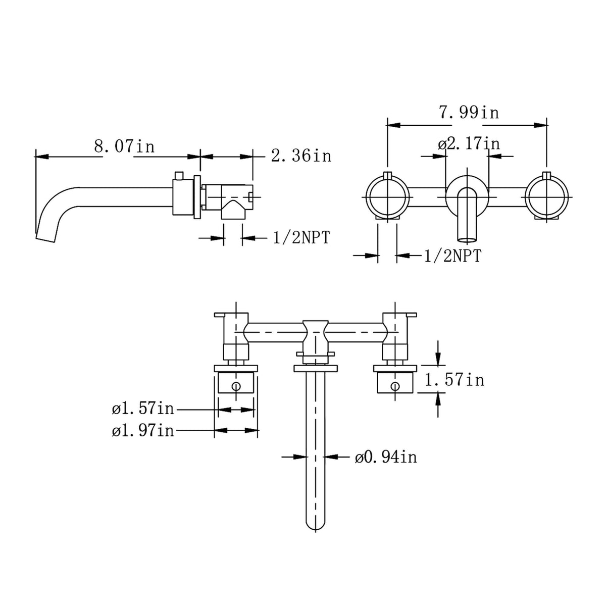 2-Handle Wall-Mounted Tap with Smooth Curved Spout