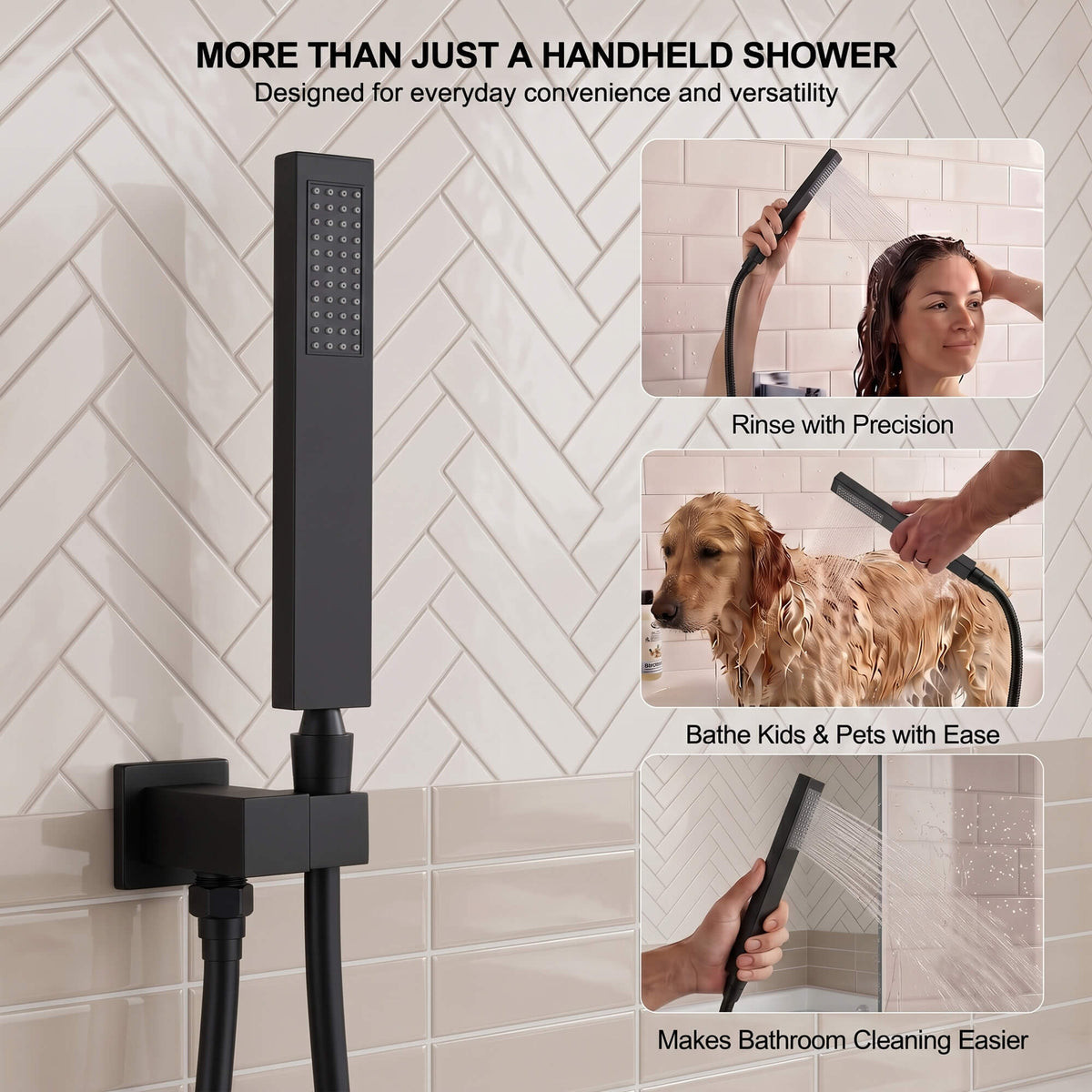 Rectangular hand shower designed for precise hair rinsing, washing pets and cleaning bathtub or tile surfaces