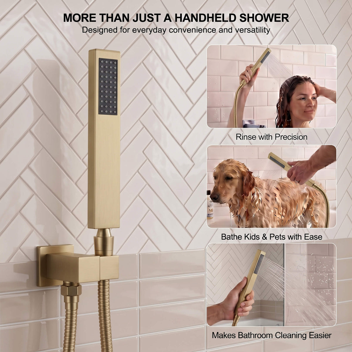 Rectangular hand sprayer designed for targeted hair rinsing, bathing children and pets, and cleaning shower surfaces