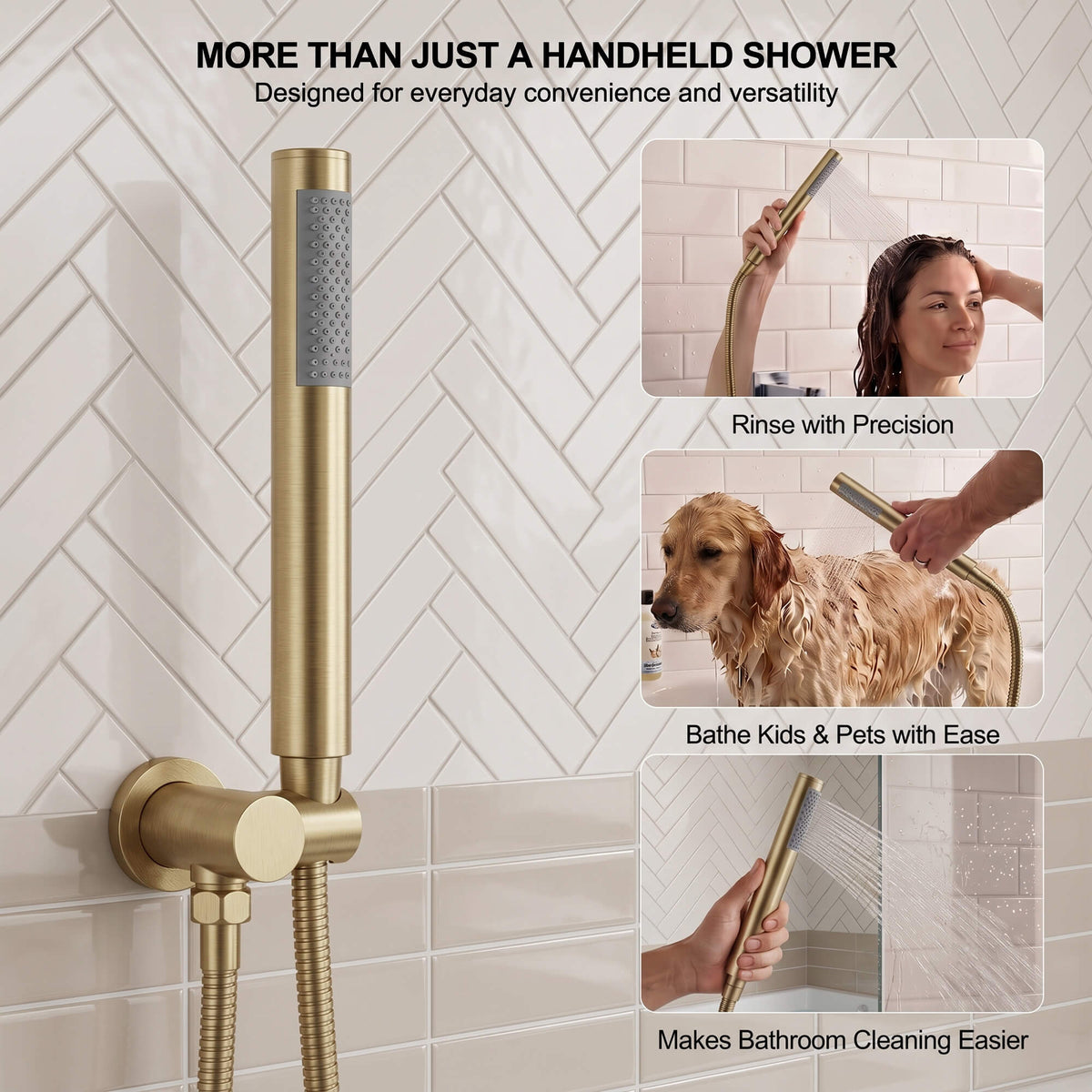 Pencil-style hand shower demonstrated for rinsing hair, bathing pets and washing tiled bathtub surroundings