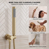 Pencil-style hand shower demonstrated for rinsing hair, bathing pets and washing tiled bathtub surroundings
