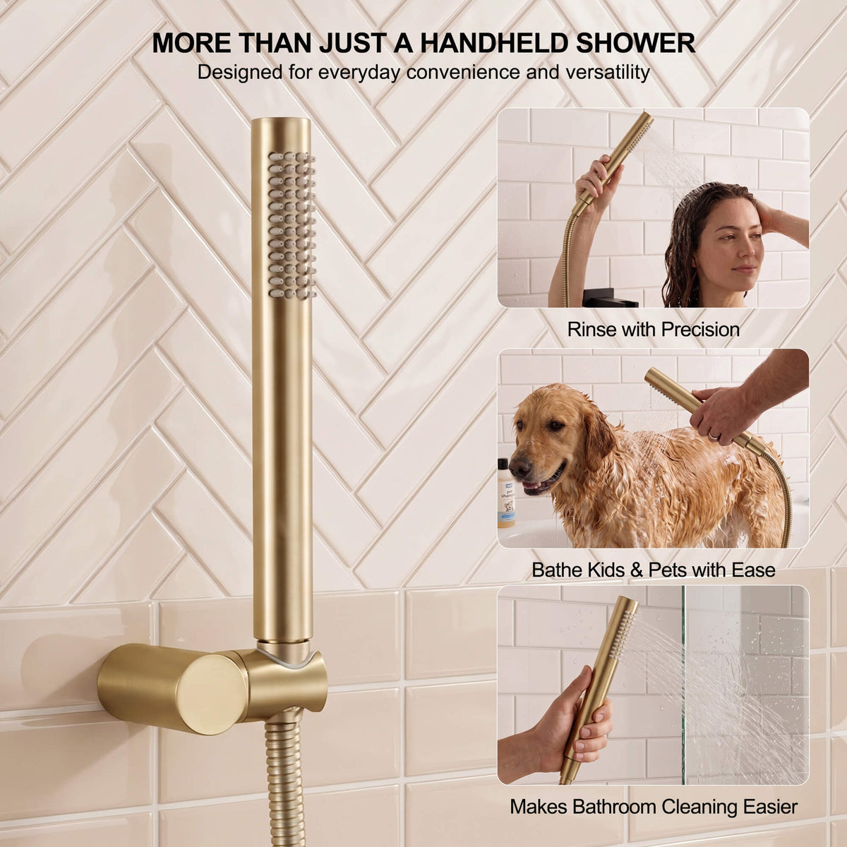 Cylindrical hand shower for targeted hair rinsing, washing children and pets, and cleaning bathtub surfaces