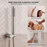 Pencil-style hand sprayer shown rinsing hair, bathing a pet and cleaning tile around the shower and tub area