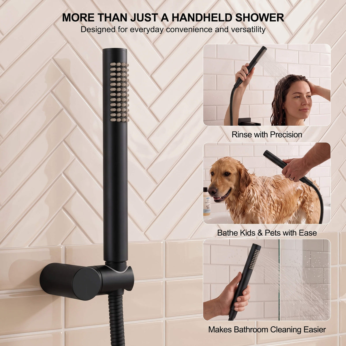 Narrow handheld sprayer designed for targeted hair rinsing, washing pets and cleaning tile or bathtub surfaces