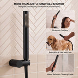 Narrow handheld sprayer designed for targeted hair rinsing, washing pets and cleaning tile or bathtub surfaces