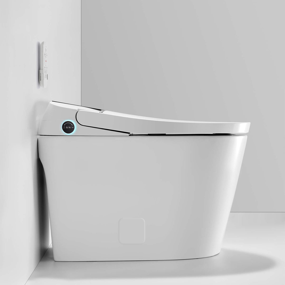 Side view of modern smart bidet toilet with slim heated seat