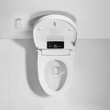 Smart toilet with open lid, bidet seat, digital display and remote control