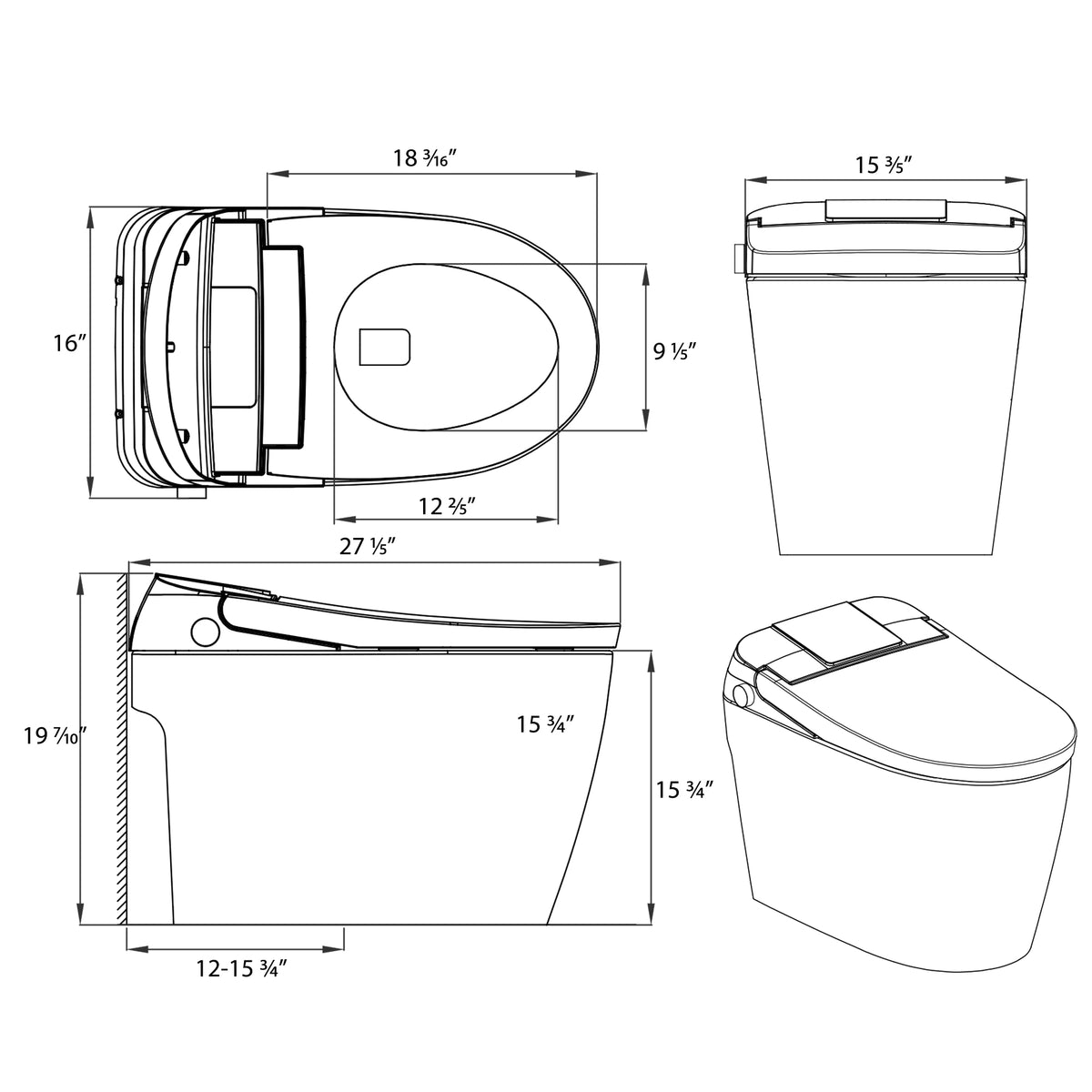 One-Piece Smart Bidet Toilet with Built-In Water Tank & Auto Open Lid