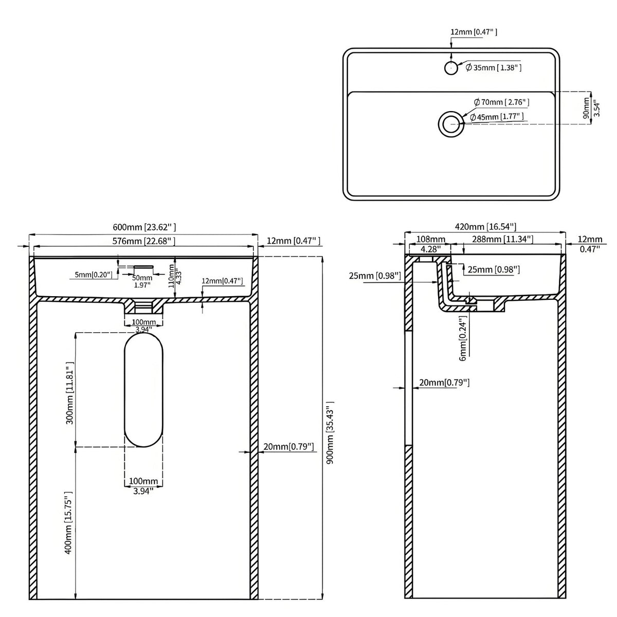 Technical drawing and size specifications of modern square pedestal sink in matte white, showing faucet hole, overflow, and installation details.