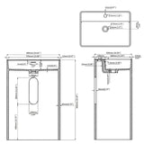 Technical drawing and size specifications of modern square pedestal sink in matte white, showing faucet hole, overflow, and installation details.