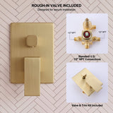 Brushed gold mixer trim paired with an included concealed brass valve body and standard U.S. 1/2-inch NPT connections