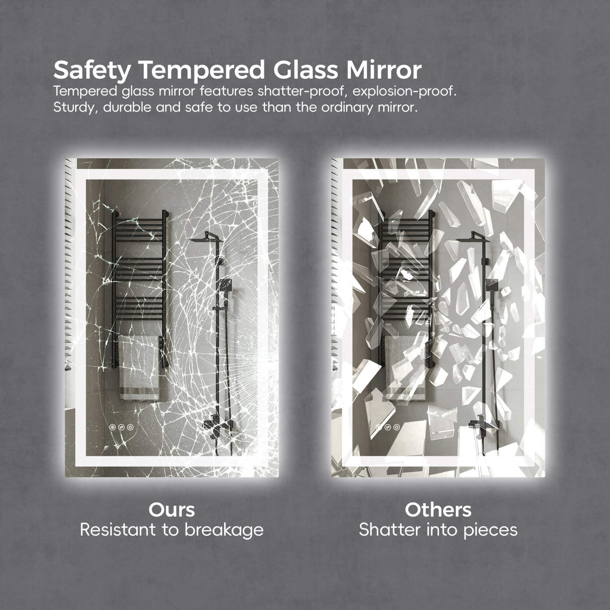 Tempered glass LED bathroom mirror designed for enhanced durability and safety