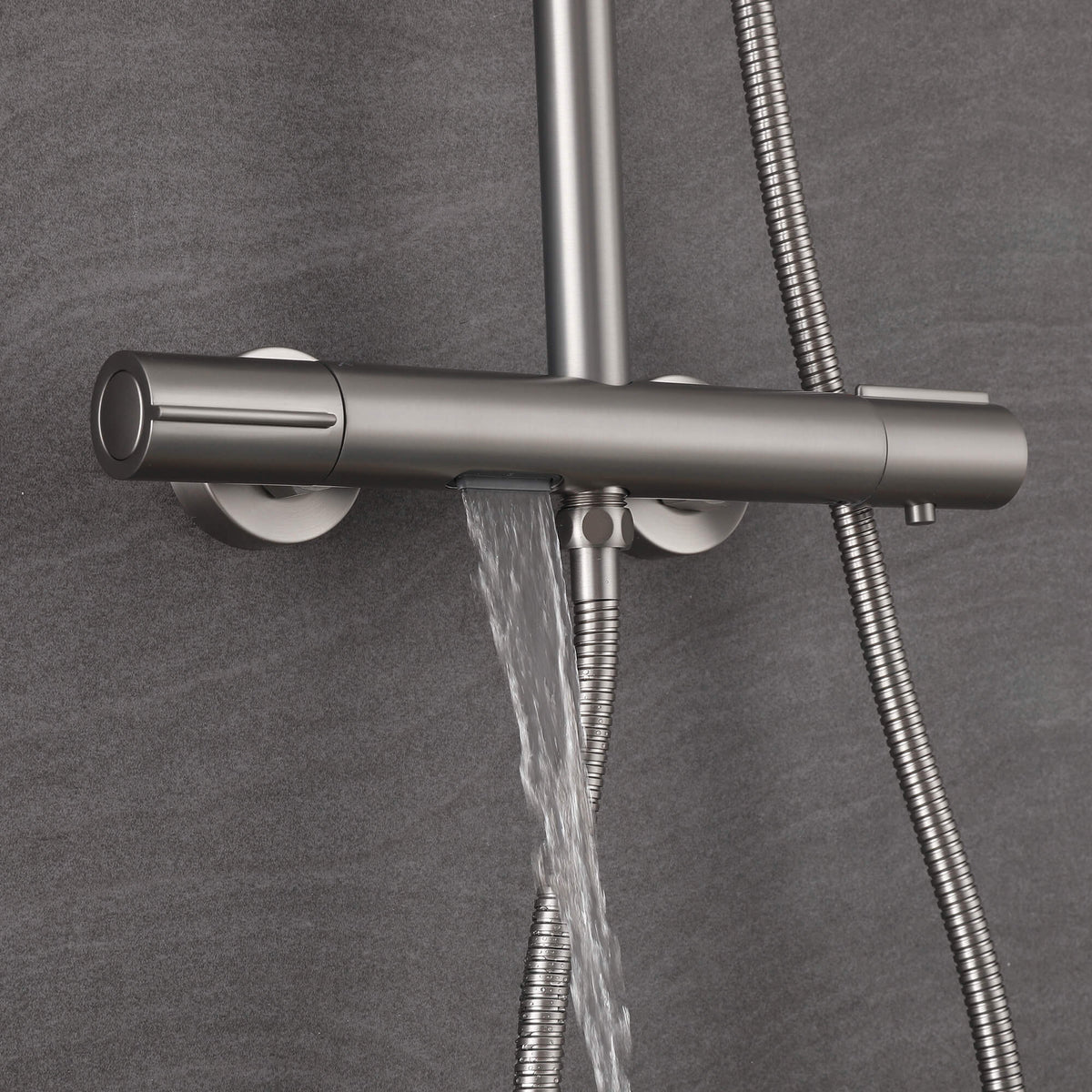 Brushed nickel thermostatic shower mixer with integrated waterfall water outlet
