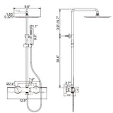 Dimensions of brushed nickel thermostatic shower system with 9.8-inch rain shower head