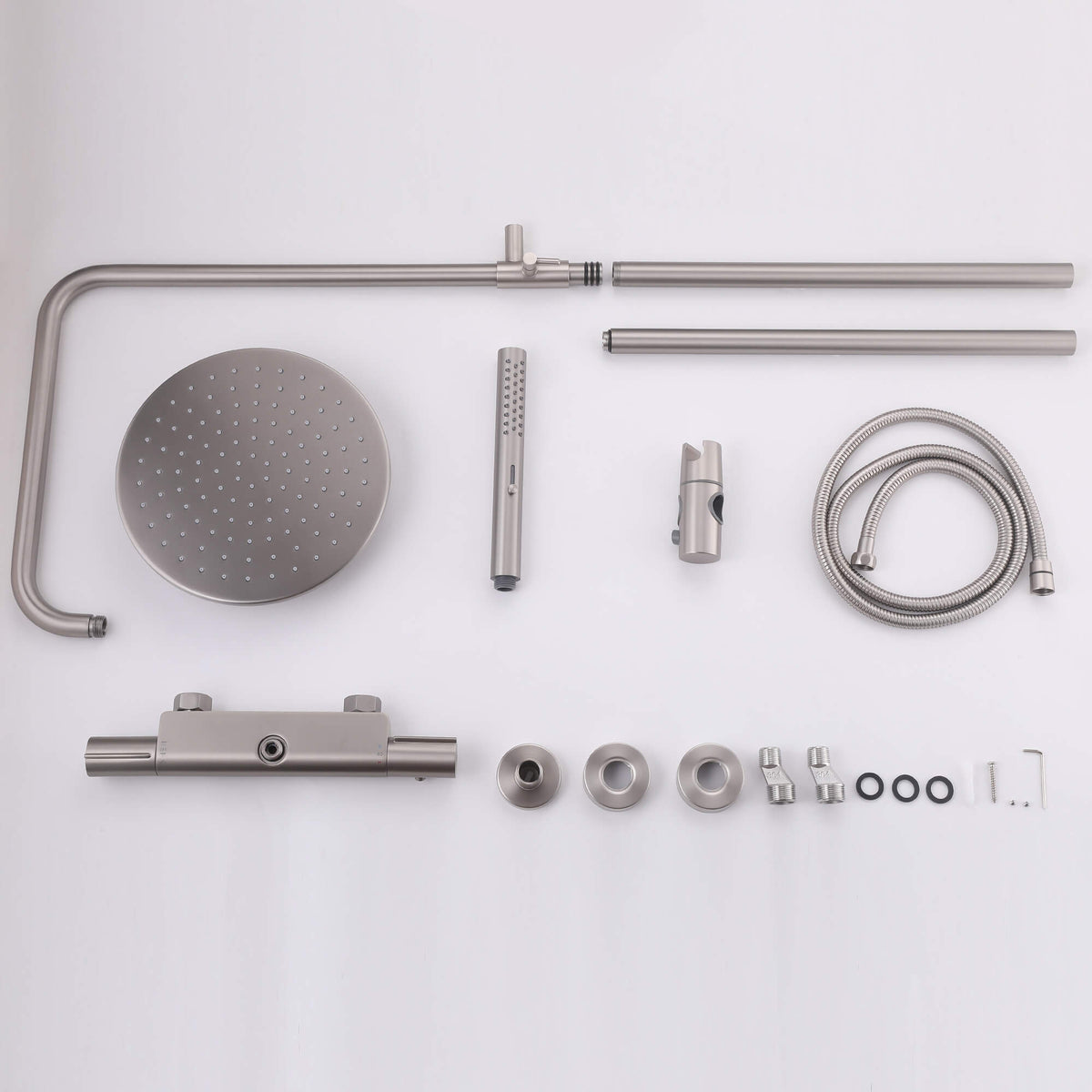 Brushed nickel thermostatic shower system kit with rain head, hand shower, hose, riser, mixer, and mounting parts
