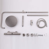 Brushed nickel thermostatic shower system kit with rain head, hand shower, hose, riser, mixer, and mounting parts