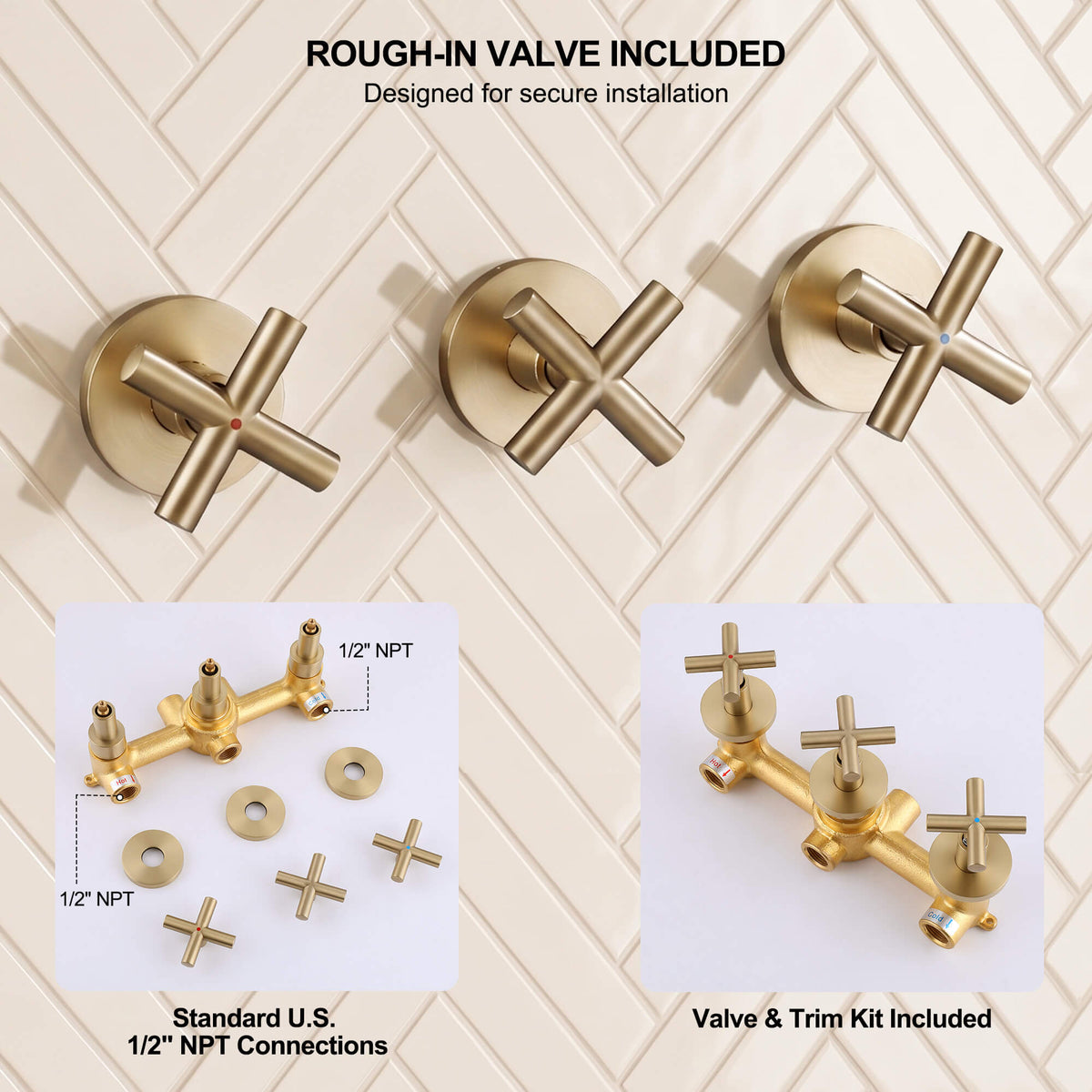 Included concealed brass valve body with hot, cold and diverter controls using standard U.S. 1/2-inch NPT ports