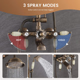 Three-function antique brass shower system with overhead shower, handheld shower, and tub spout