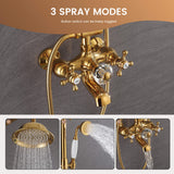 Three-function polished gold shower system with overhead shower, handheld shower, and tub spout
