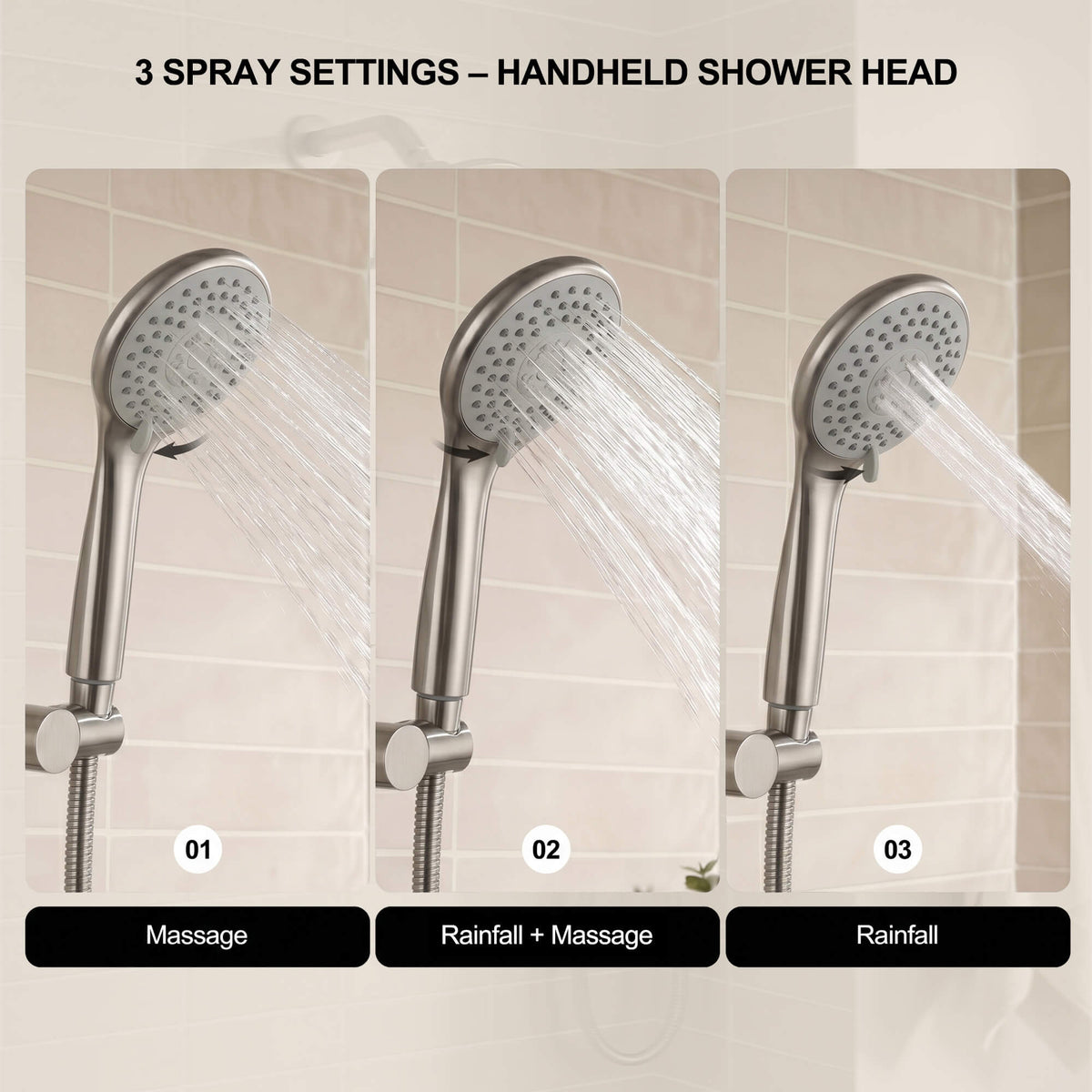 Handheld shower wand demonstrating massage, rainfall and combination modes for rinsing and everyday bathroom use