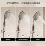 Handheld shower wand demonstrating massage, rainfall and combination modes for rinsing and everyday bathroom use