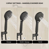 Multi-function hand shower displaying massage, rainfall and combined rinse settings for everyday use