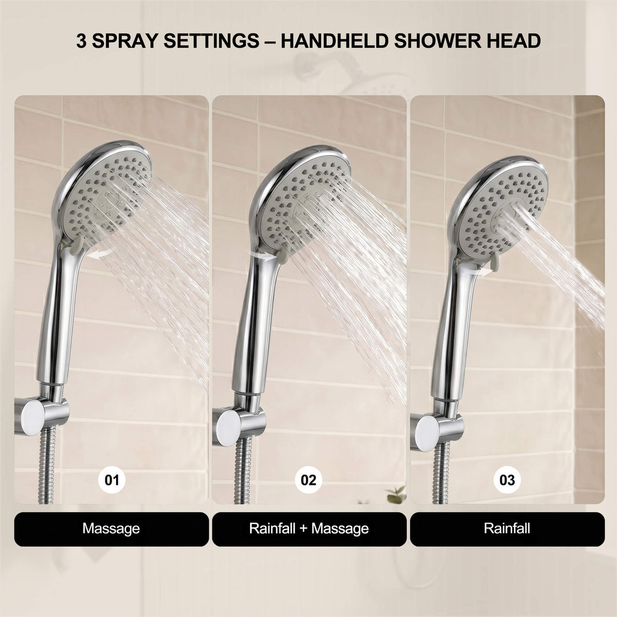 Handheld shower displaying massage, rainfall and mixed spray modes for rinsing, bathing and everyday cleaning