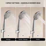 Handheld shower displaying massage, rainfall and mixed spray modes for rinsing, bathing and everyday cleaning
