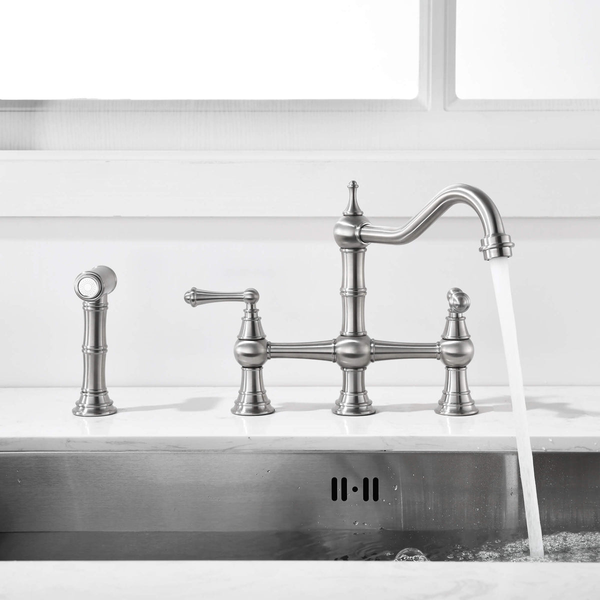 Two handle brushed nickel bridge kitchen faucet with side spray and running water