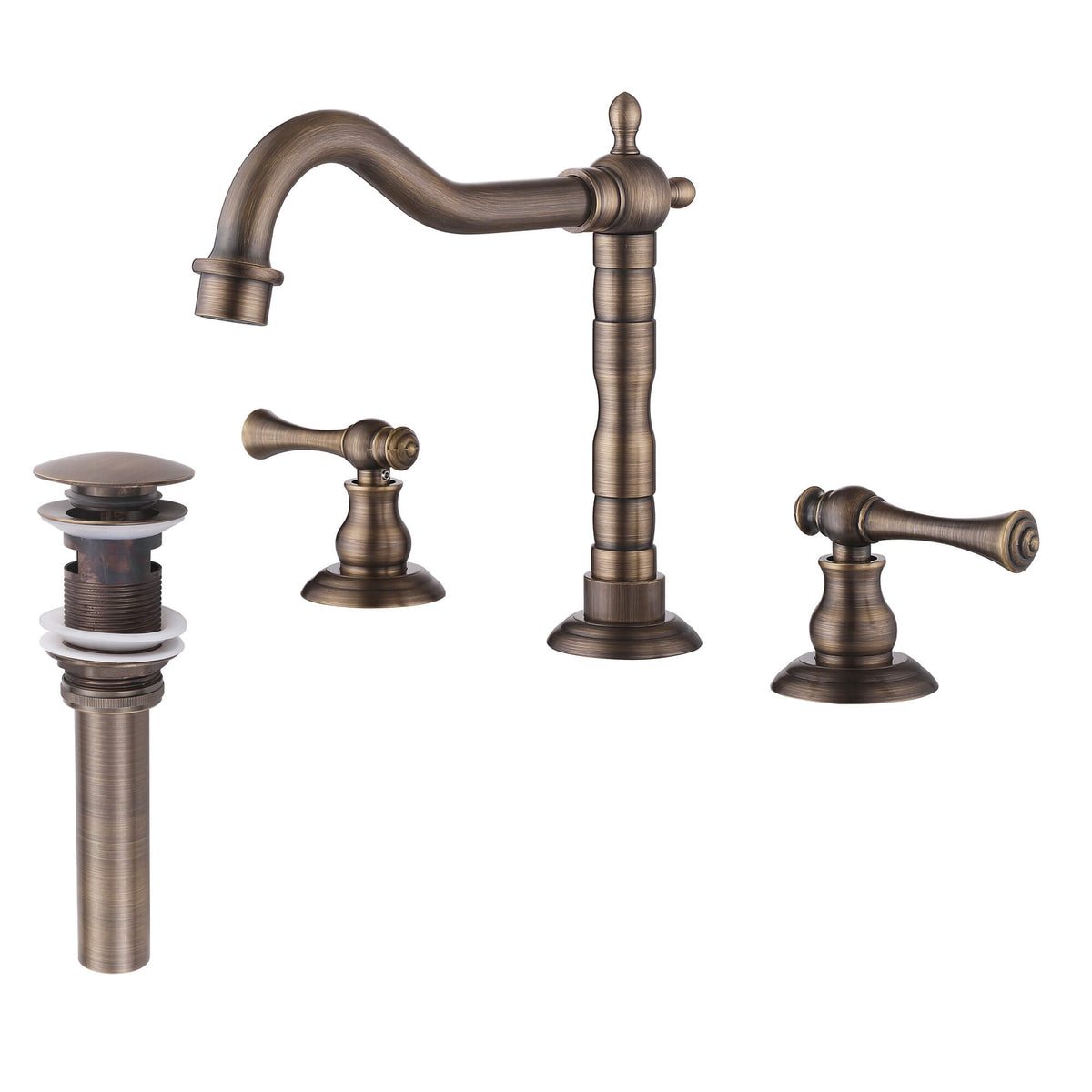 Vintage antique brass widespread bathroom faucet with two lever handles and pop-up drain