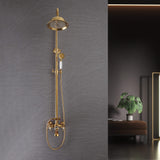 Vintage polished gold wall-mounted shower system with rain shower, hand shower, and tub spout