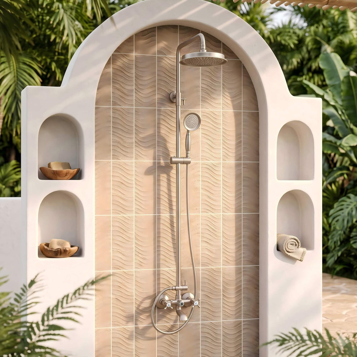 3-Function Antique Brass Outdoor Shower with Rainfall Head, Handheld Sprayer & Lower Spout