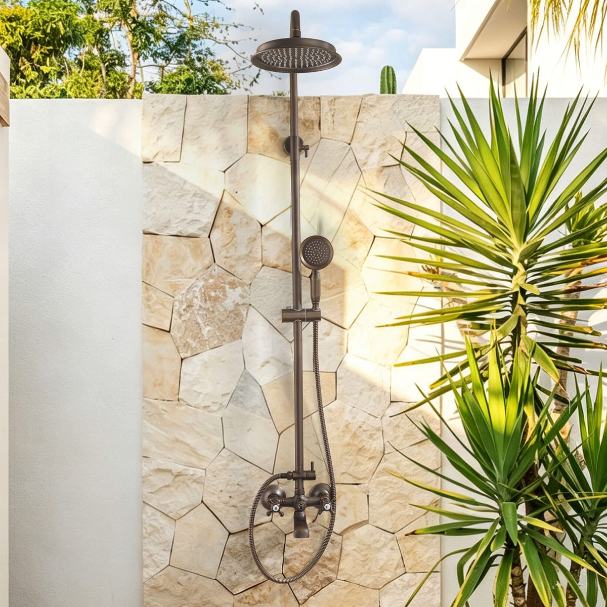 3-Function Antique Brass Outdoor Shower with Rainfall Head, Handheld Sprayer & Lower Spout