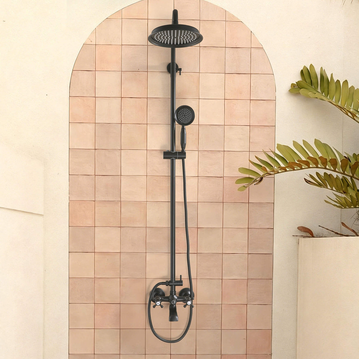 3-Function Antique Brass Outdoor Shower with Rainfall Head, Handheld Sprayer & Lower Spout