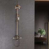 Vintage wall-mounted shower system with rain shower, handheld shower, and tub spout in a modern bathroom