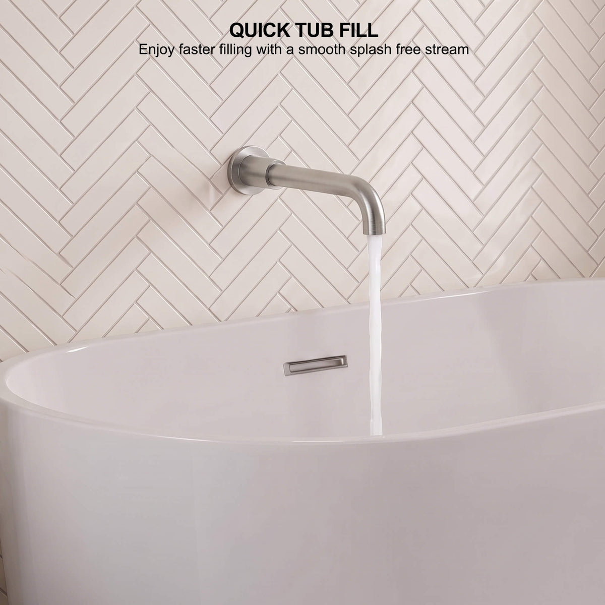Curved wall-mounted bath spout delivering a smooth steady stream for convenient and controlled tub filling