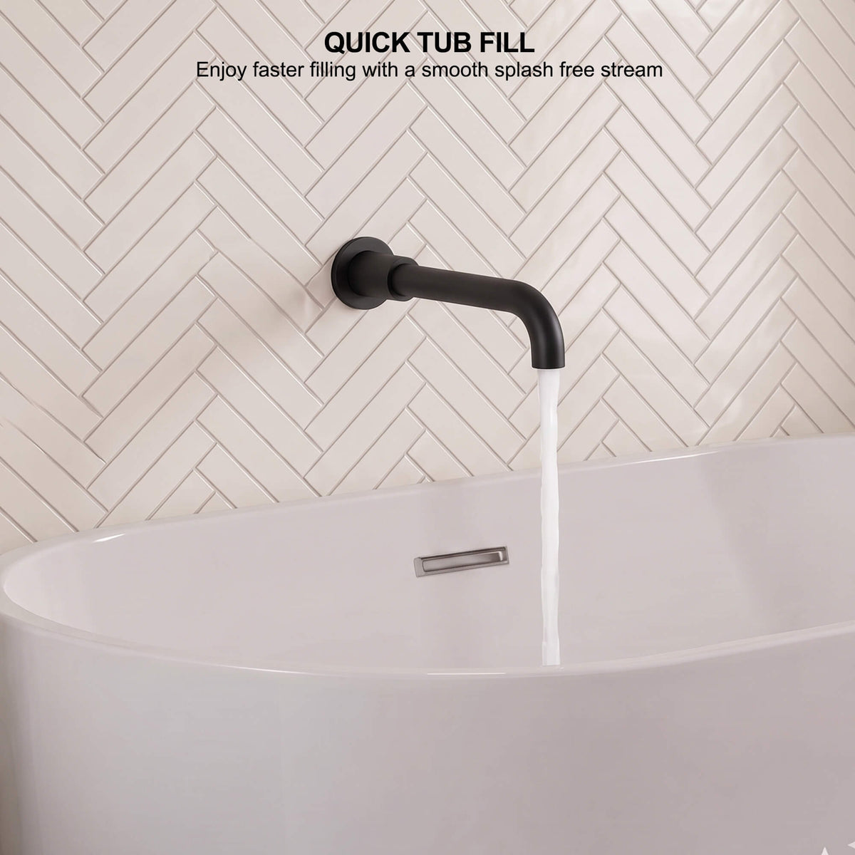 Curved wall-mounted bath outlet delivering a steady splash-reducing stream for quicker tub filling