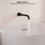 Curved wall-mounted bath outlet delivering a steady splash-reducing stream for quicker tub filling