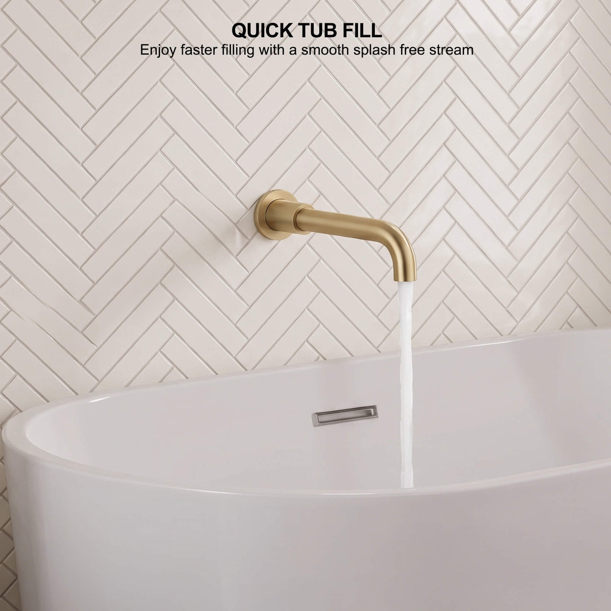 Curved brushed gold bath spout producing a smooth stream for convenient and faster bathtub filling