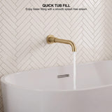 Curved brushed gold bath spout producing a smooth stream for convenient and faster bathtub filling