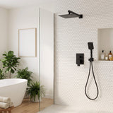 Wall-mounted matte black rain shower system with handheld shower in a modern white tile bathroom