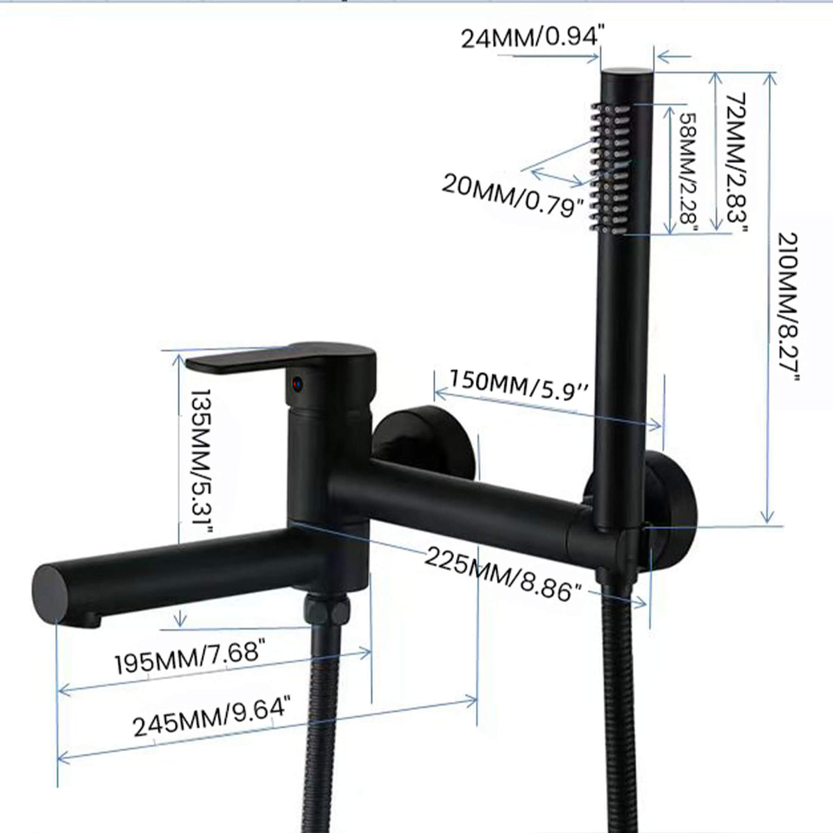 Dimensions of matte black wall-mounted tub faucet with handheld shower