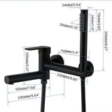 Dimensions of matte black wall-mounted tub faucet with handheld shower