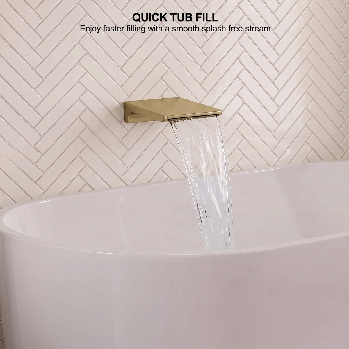 Wall-mounted brushed brass tub filler producing a broad cascade stream for quick and smooth bathtub filling