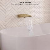 Wall-mounted brushed brass tub filler producing a broad cascade stream for quick and smooth bathtub filling