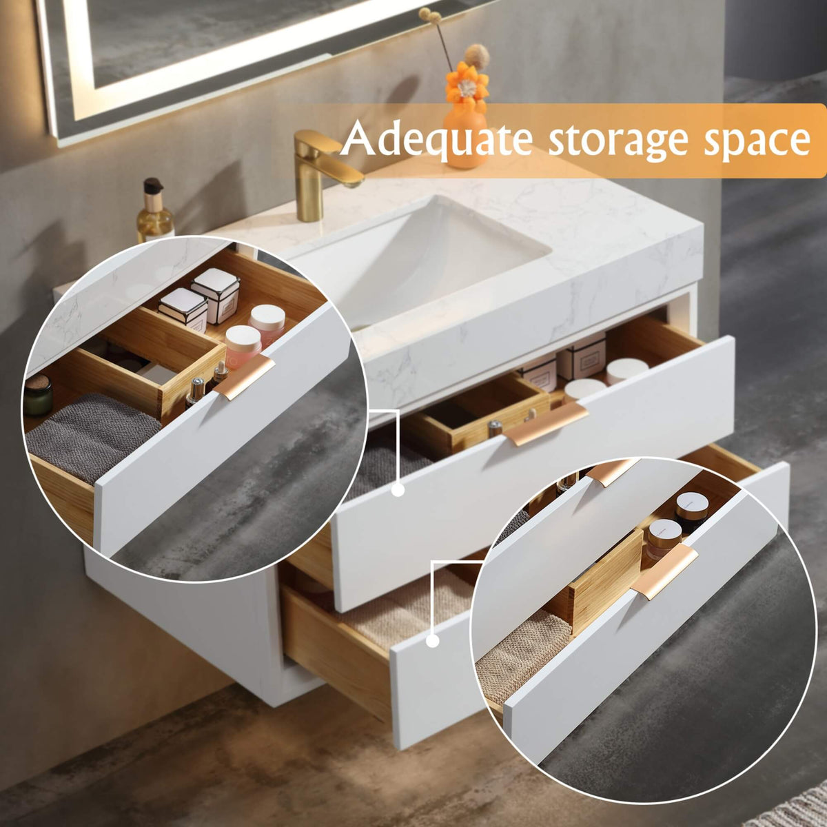 36-Inch Floating Bathroom Vanity with LED Lighting & 2 Drawers