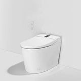 Rear three-quarter view of white one-piece smart bidet toilet with remote control