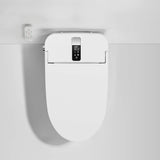 Top view of white smart bidet toilet with closed lid and LED display