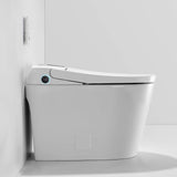 Side view of white smart bidet toilet with slim heated seat and side control knob